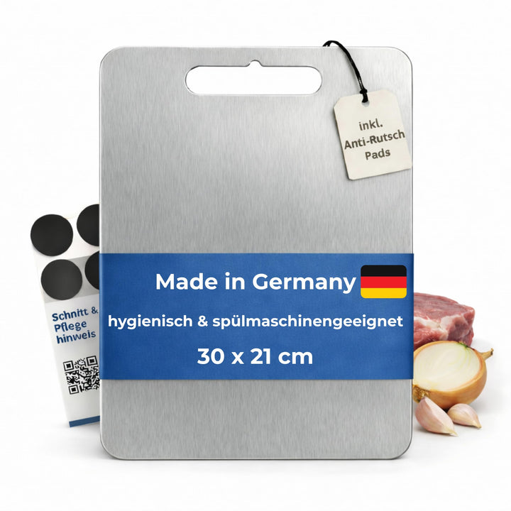 Edelstahl Schneidebrett - Hygienisch, Spülmaschinengeeignet & Rutschfest - Made in Germany - Gr. 30x
