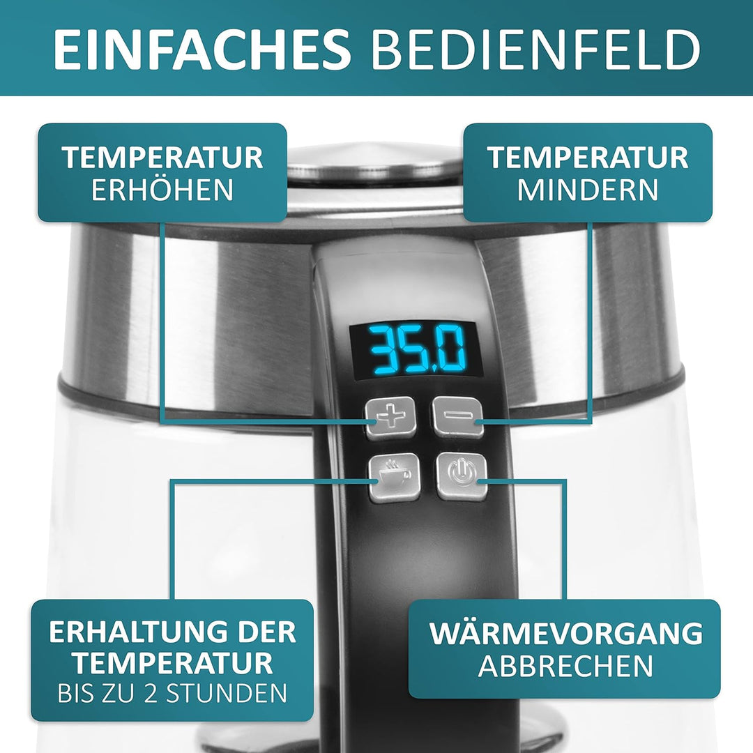 Glas Wasserkocher mit Teesieb und Kalkfilter | 1,7 Liter | Temperatureinstellung 40°C-100°C | 2200 W