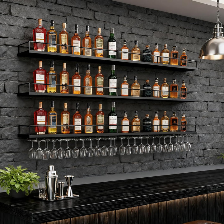 200CM Weinregal Wand mit Glashalter, 3 Ebenen Metallbar Weinpareite Display Rack, Modernes Weinregal