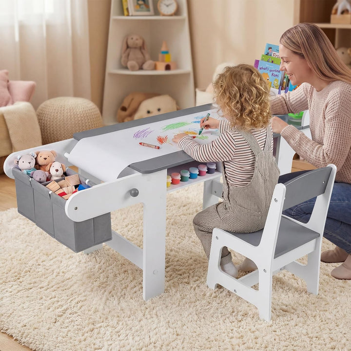 COSTWAY Kindertisch mit Stuhl, Papierrolle &amp; 4 Farbbechern, Grau