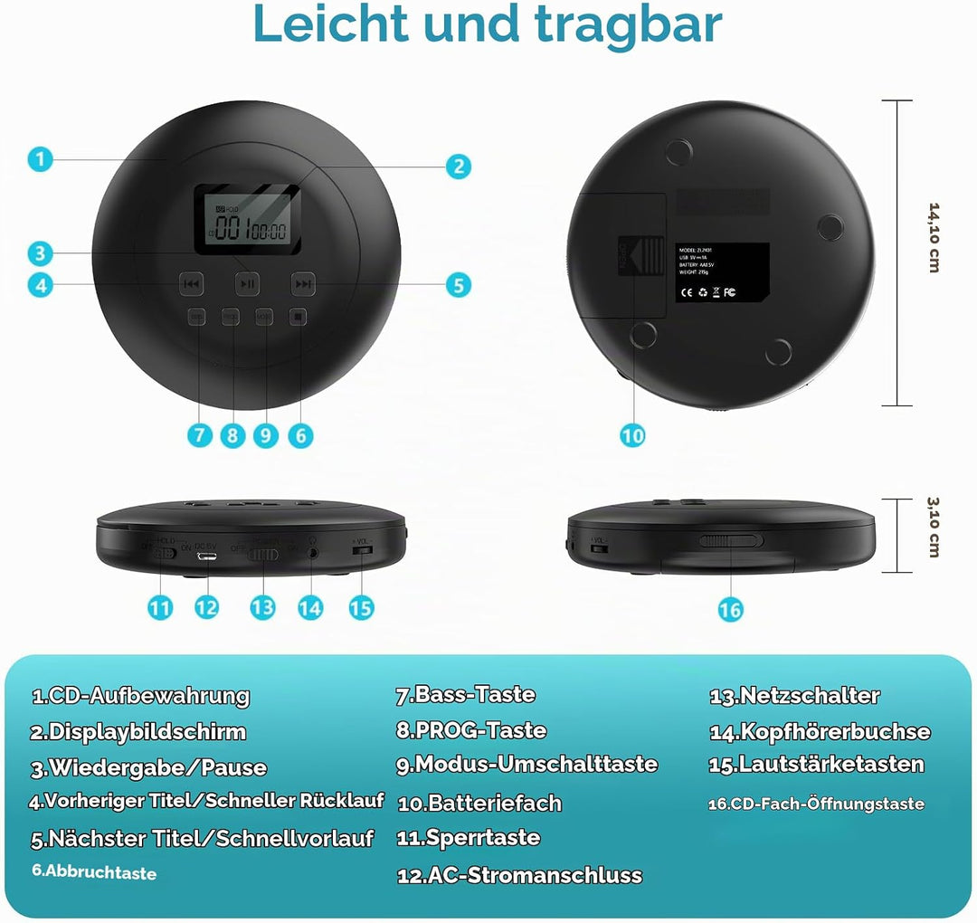Gueray CD Player Tragbar CD Player Kinder CD Player HiFi Tragbarer CD Player Discman mit Kopfhörer L
