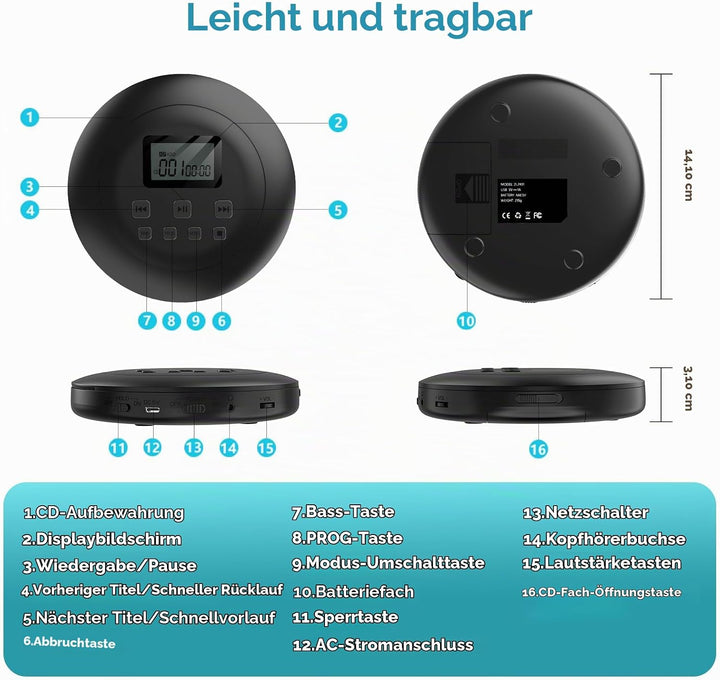 Gueray CD Player Tragbar CD Player Kinder CD Player HiFi Tragbarer CD Player Discman mit Kopfhörer L