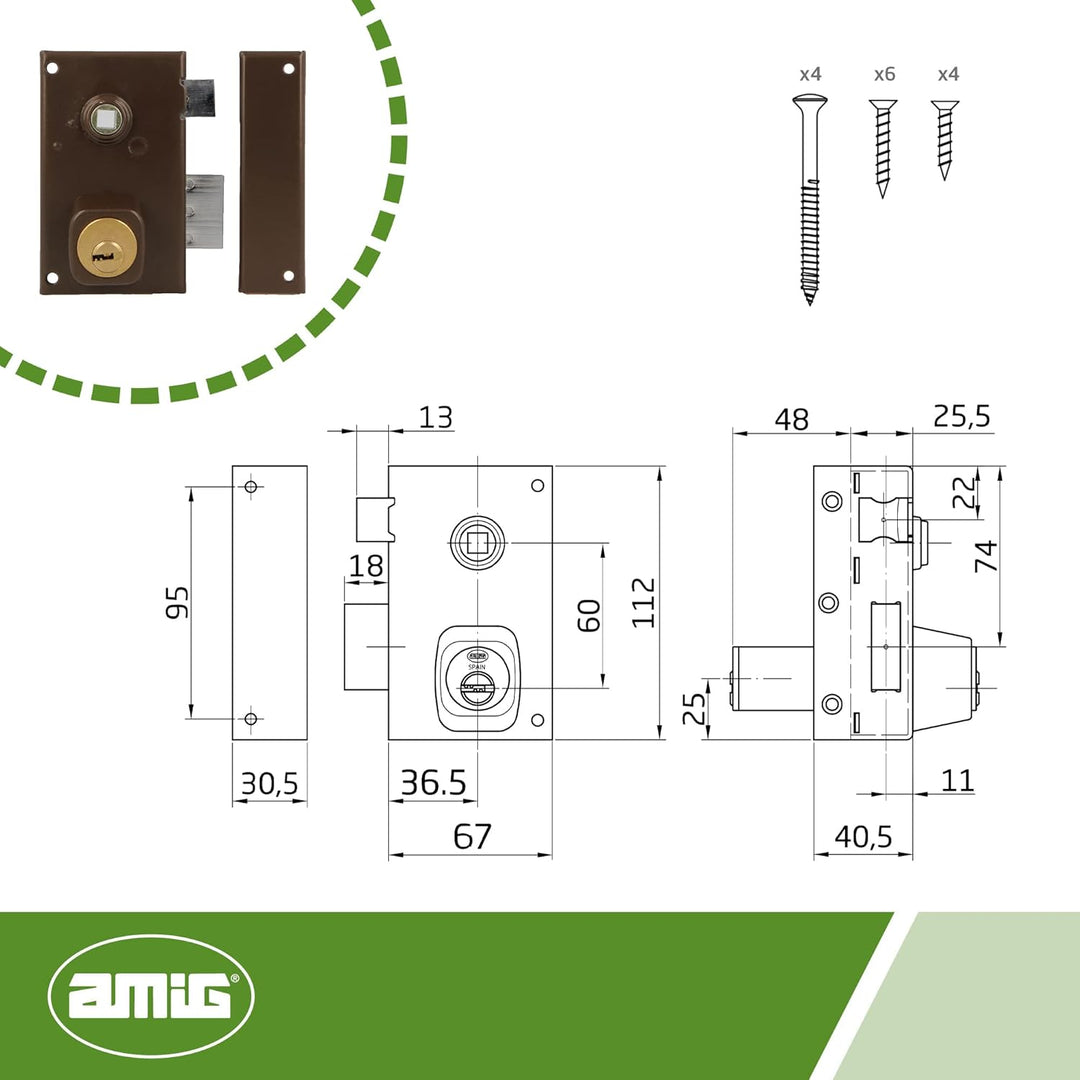 Amig - Aufschraubschloss DIN rechts mit Schliesshebel, Falle und Vierkant für Holztüren Mod. 75N - 6