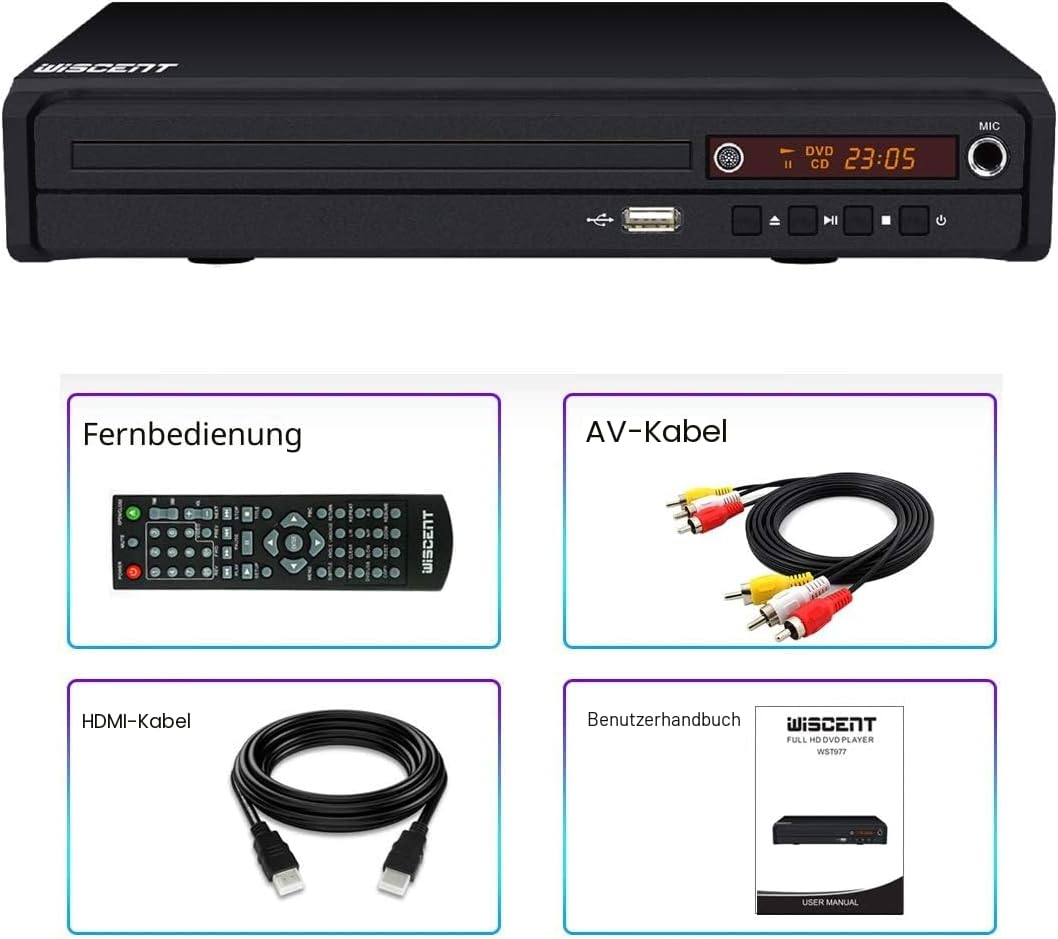 WISCENT DVD-Player für TV mit HDMI/AV/Koaxial Ausgang(HDMI Kabel enthaltenl),USB 2.0 Mediaplayer,All