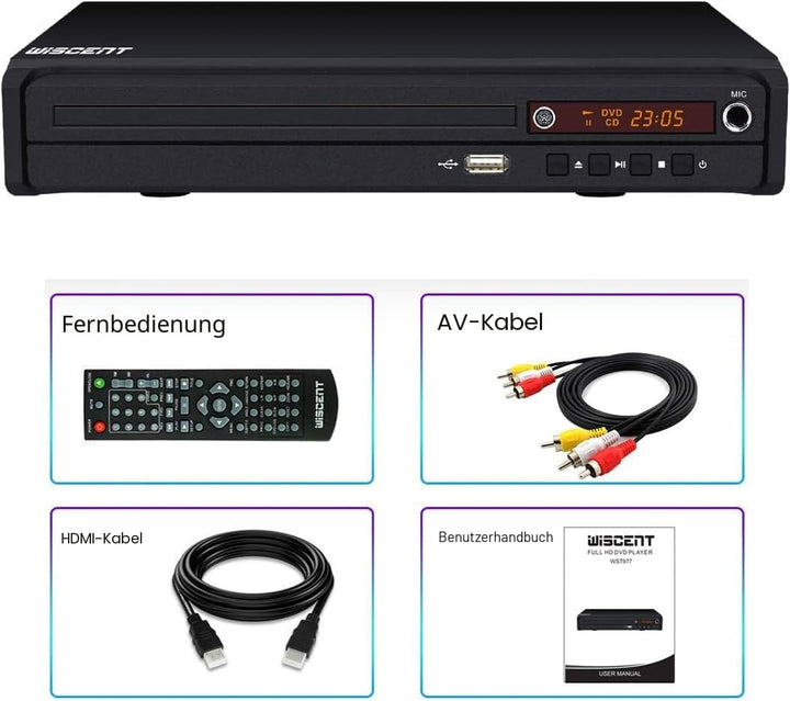 WISCENT DVD-Player für TV mit HDMI/AV/Koaxial Ausgang(HDMI Kabel enthaltenl),USB 2.0 Mediaplayer,All