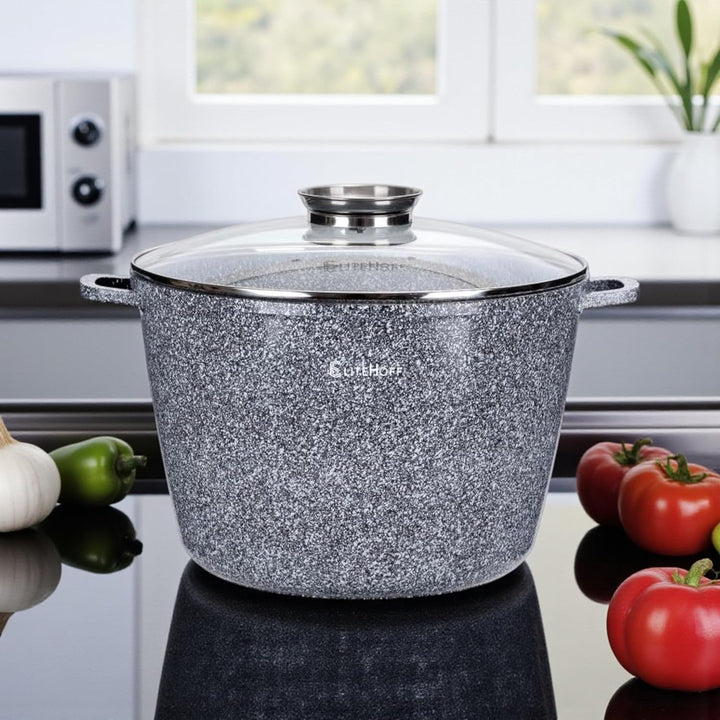 EliteHoff Kochtopf, Suppentopf aus Aluminiumguss mit Antihaftbeschichtung, Induktionstopf mit Glasde