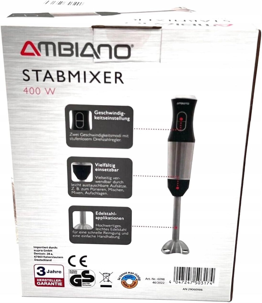 Stabmixer Edelstahl - Pürierstab elektrisch GS-Zeichen, inkl. Schneebesen & Messbecher, 400 Watt Lei