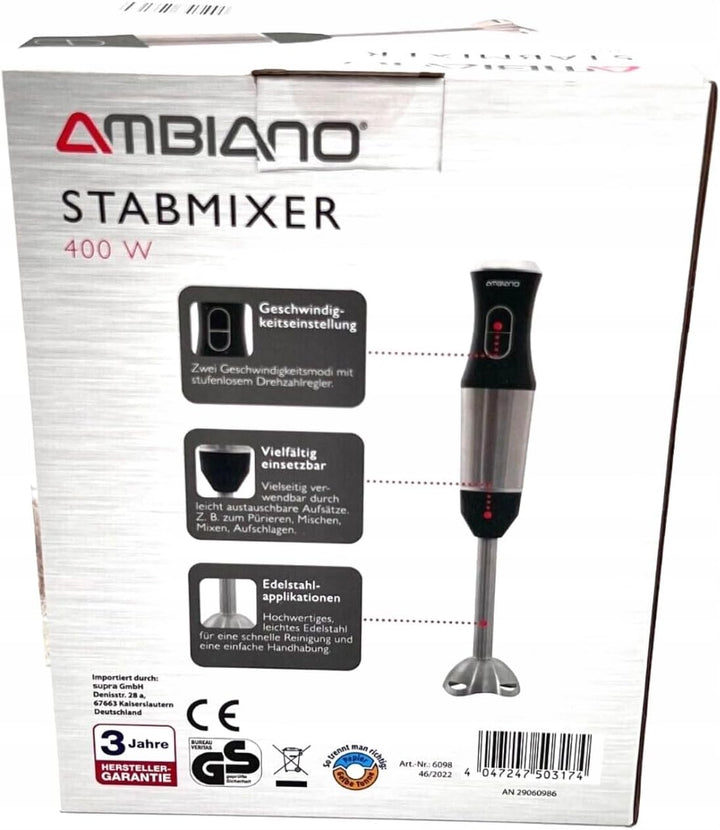 Stabmixer Edelstahl - Pürierstab elektrisch GS-Zeichen, inkl. Schneebesen & Messbecher, 400 Watt Lei