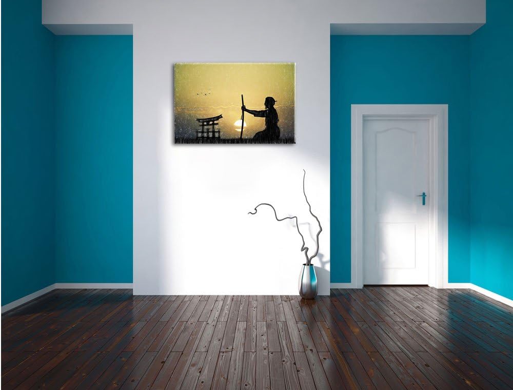 Pixxprint Alter Samurai-Meister vor Horizont Kunst Buntstift Effekt, Format: 100x70 auf Leinwand, 10