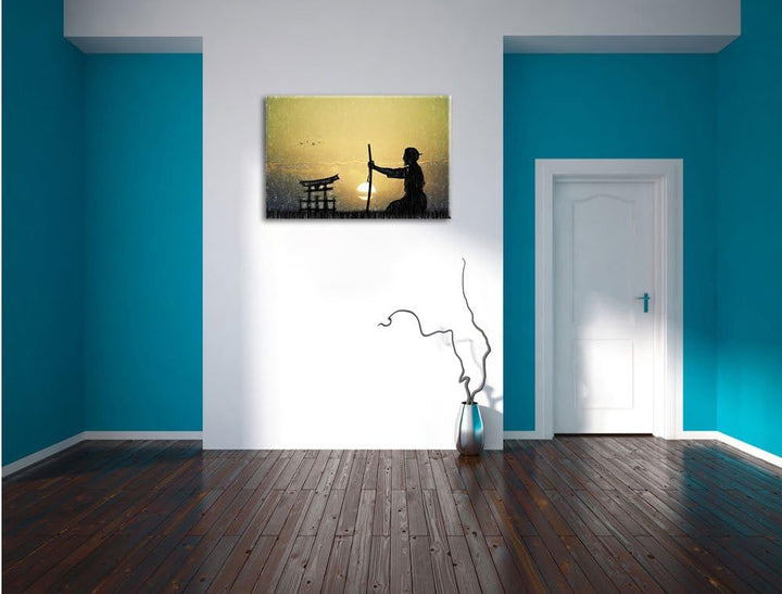 Pixxprint Alter Samurai-Meister vor Horizont Kunst Buntstift Effekt, Format: 100x70 auf Leinwand, 10