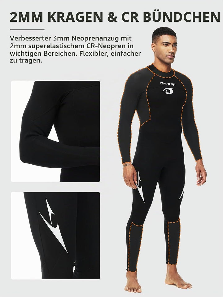 Owntop Herren Damen Ganzkörper 3/2mm Neoprenanzug, Ultra-Stretch Langarm Winter Neoprenanzug, Rücken