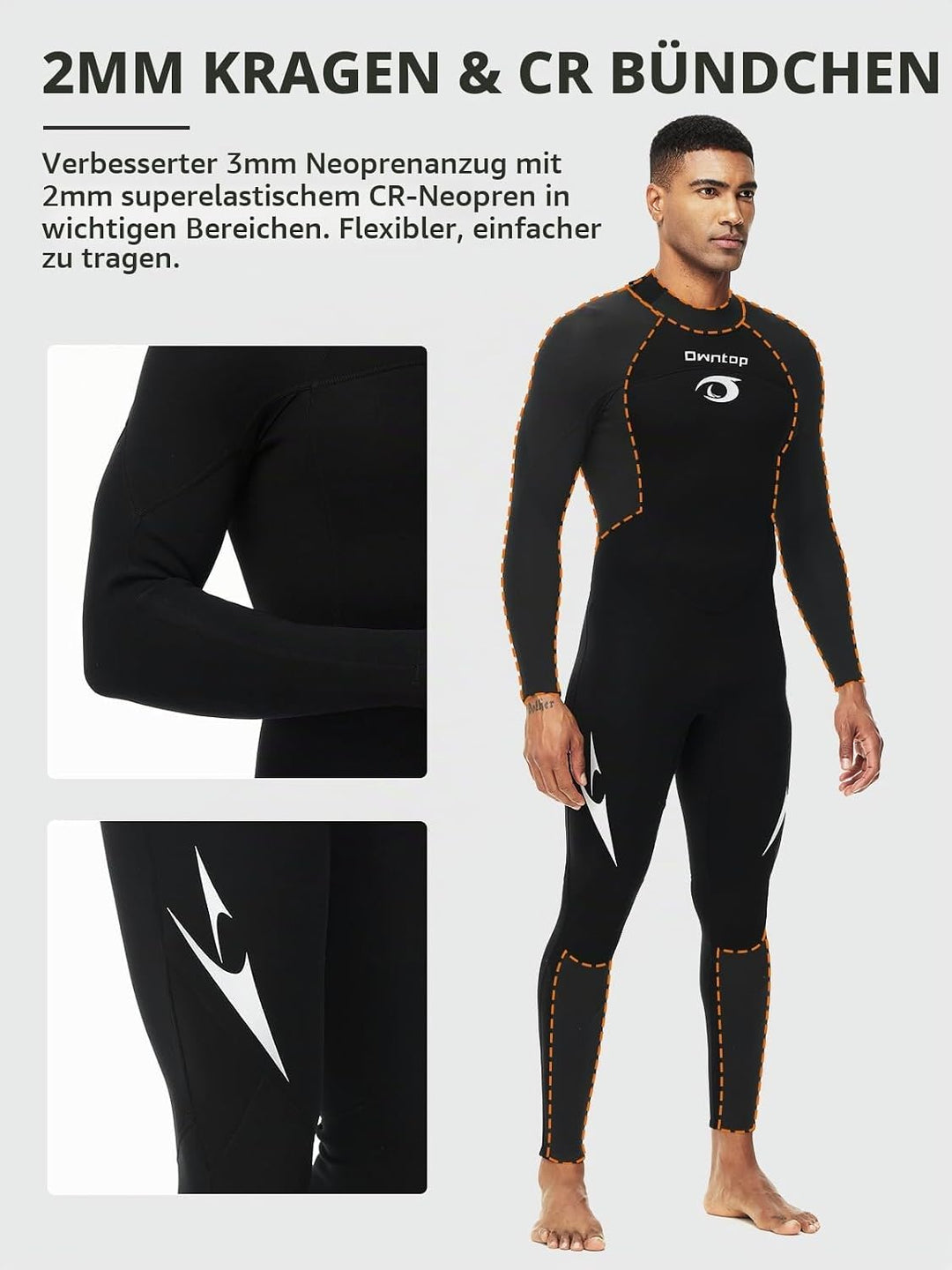 Owntop Herren Damen Ganzkörper 3/2mm Neoprenanzug, Ultra-Stretch Langarm Winter Neoprenanzug, Rücken