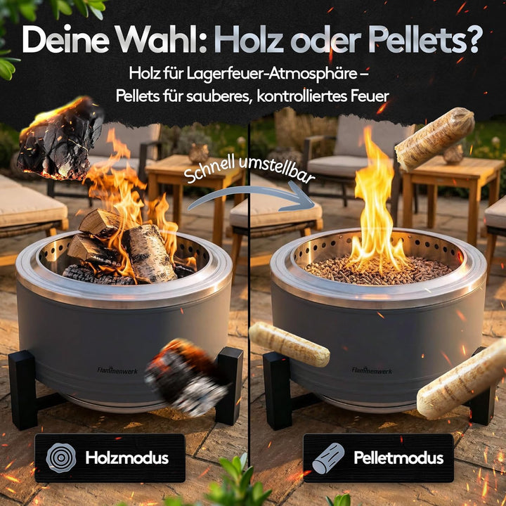 Rauchfreie Edelstahl Feuerschale Ø 56 cm| Raucharm Dank Turbo-Brenner | 2-in-1 Feuerstelle & Grill f