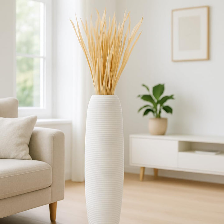 Leewadee Grosse Bodenvase für Dekozweige hohe Standvase Design Holzvase, Holz, 90 cm, Weiss 90 cm We