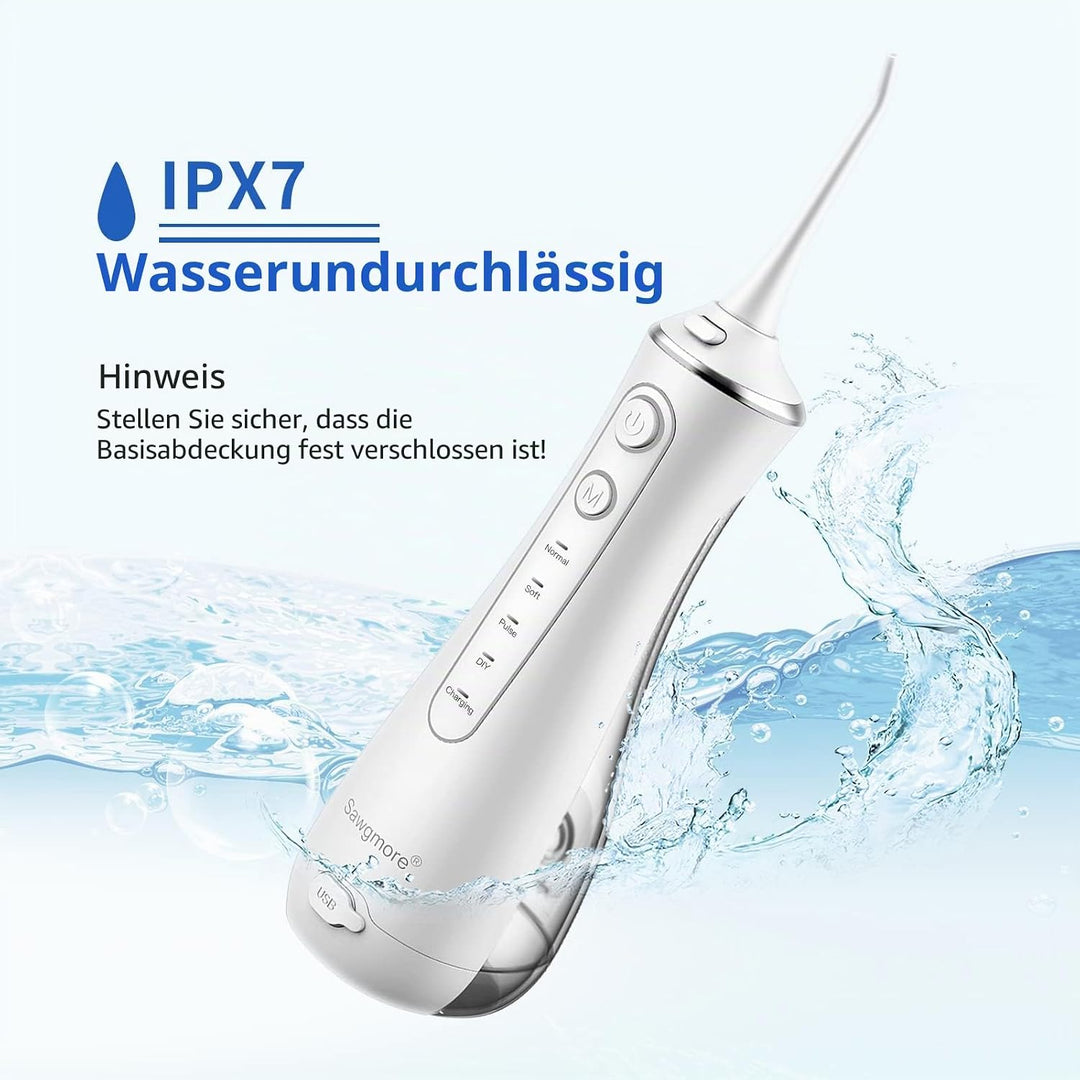 Sawgmore Munddusche Kabellos, Professionelle Elektrischer Zahnreiniger mit 4 Modi und 4 Ersatzdüsen,