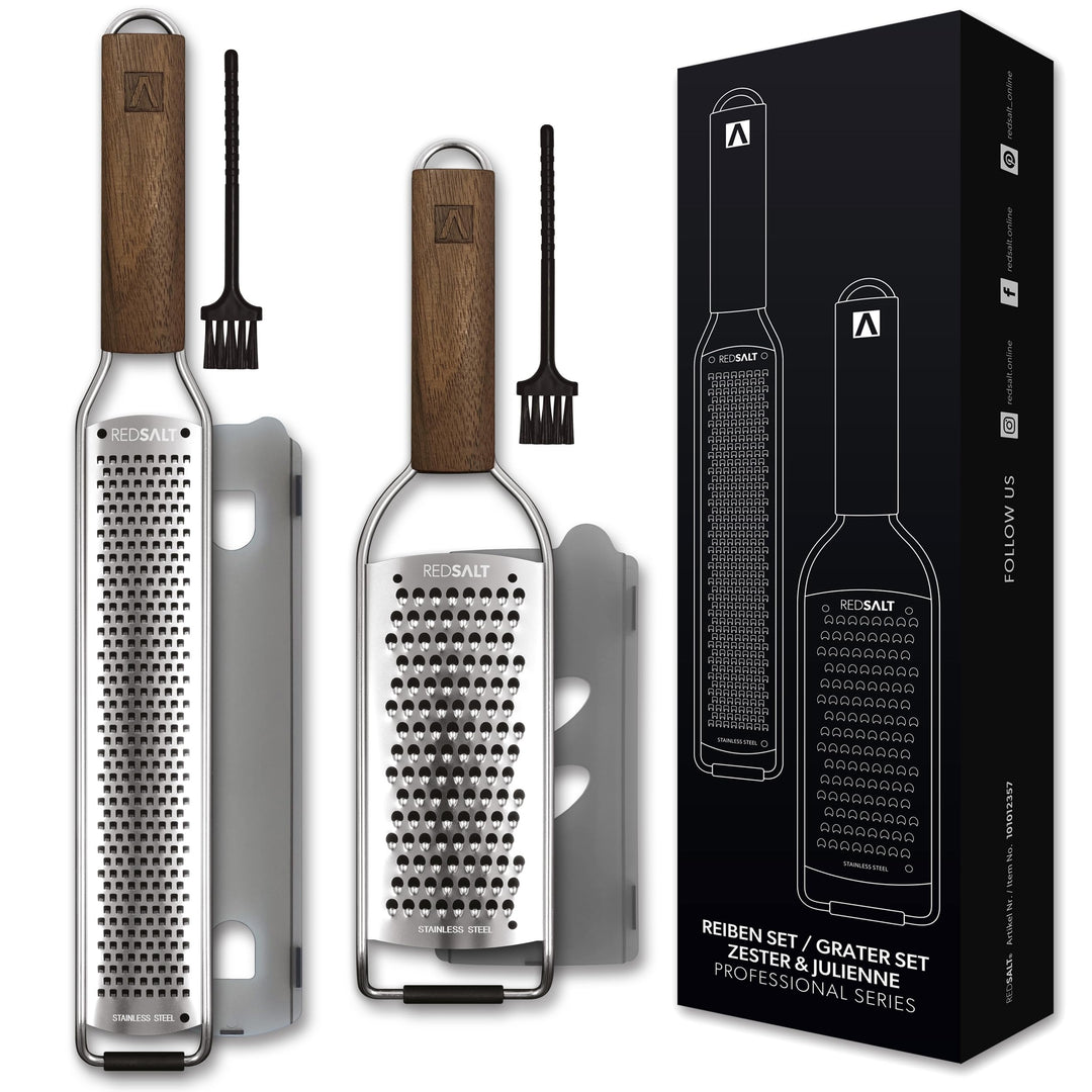 REDSALT® Premium Zester Julienne Edelstahl Reiben Set mit Walnuss Holzgriff | Raspel Küchenreibe Zit
