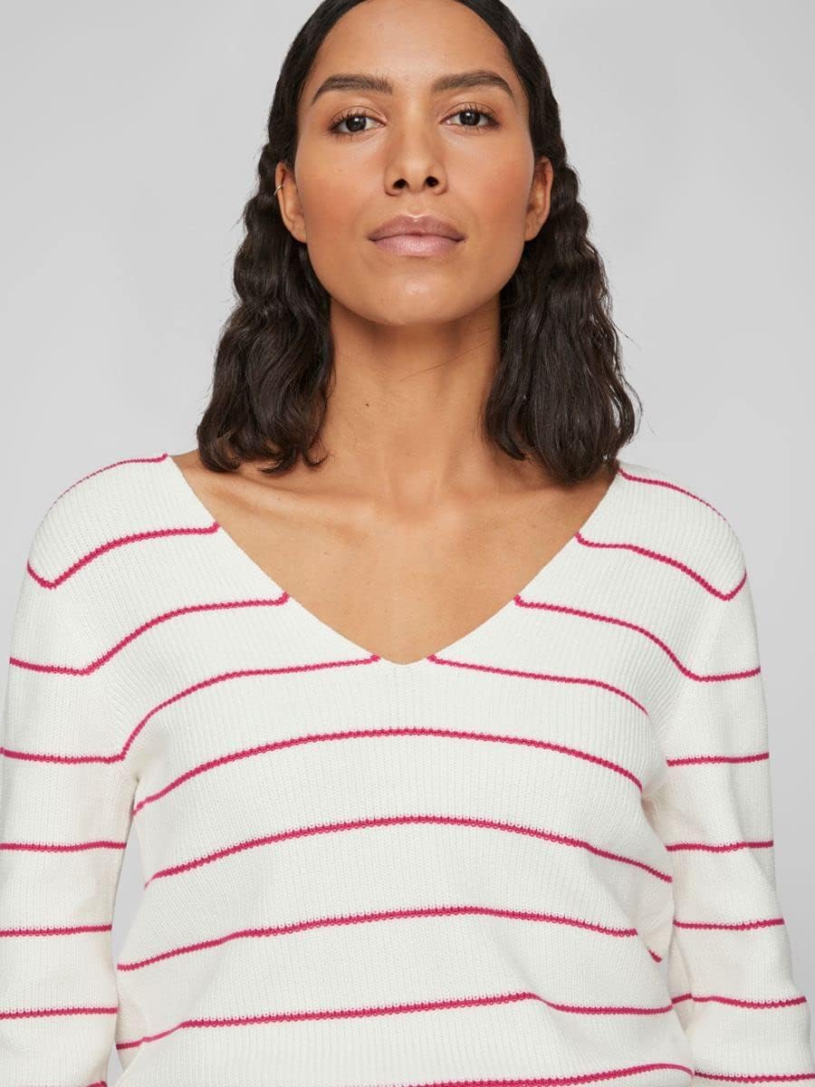 Vila Damen Vichao V-Neck L/S Knit Top/Su-Noos Strickpullover, M White Alyssum/Stripes:pink Yarrow