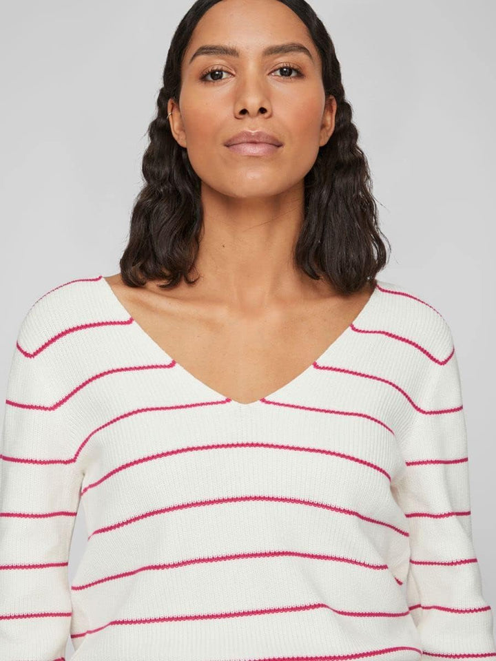 Vila Damen Vichao V-Neck L/S Knit Top/Su-Noos Strickpullover, M White Alyssum/Stripes:pink Yarrow
