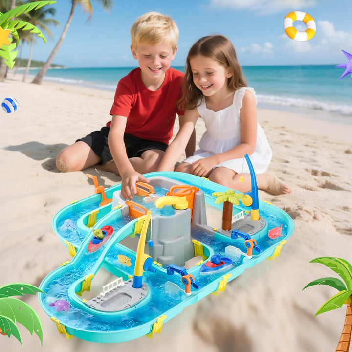 Wasserspielzeug mit Wasserbahn, 80 Teile Wasserbahn Kinder Draussen - Wassertisch Kinder mit Booten,