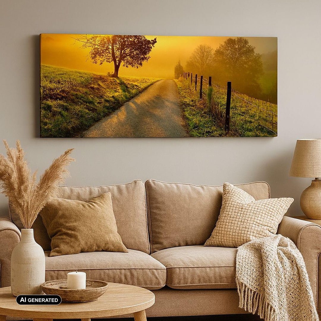 Wandbilder Dekoration Wohnzimmer Feld Strasse Baum Panorama Bilder auf Leinwand 120x50cm Leinwandbil