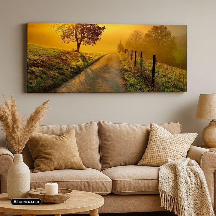 Wandbilder Dekoration Wohnzimmer Feld Strasse Baum Panorama Bilder auf Leinwand 120x50cm Leinwandbil