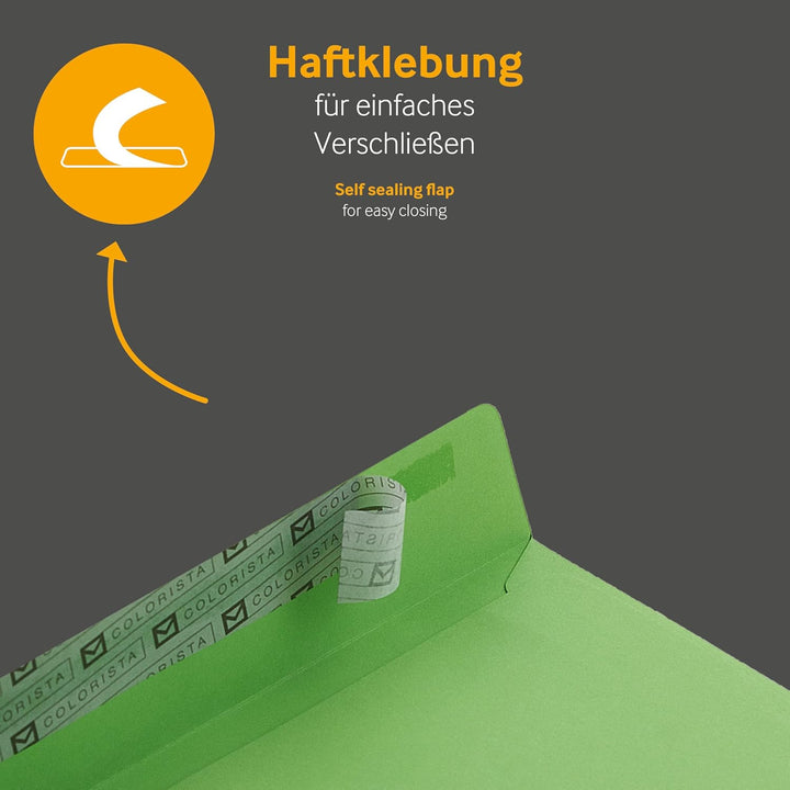 50 Stück, Farbige Briefumschläge, DIN C4, Haftklebung mit Abziehstreifen, Gerade Klappe, 130 g/qm Co