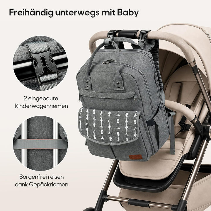 RAINSMORE Wickelrucksack Gross Baby Wickeltasche mit Wickelunterlage Grau | Wasserdichte Wickeltasch