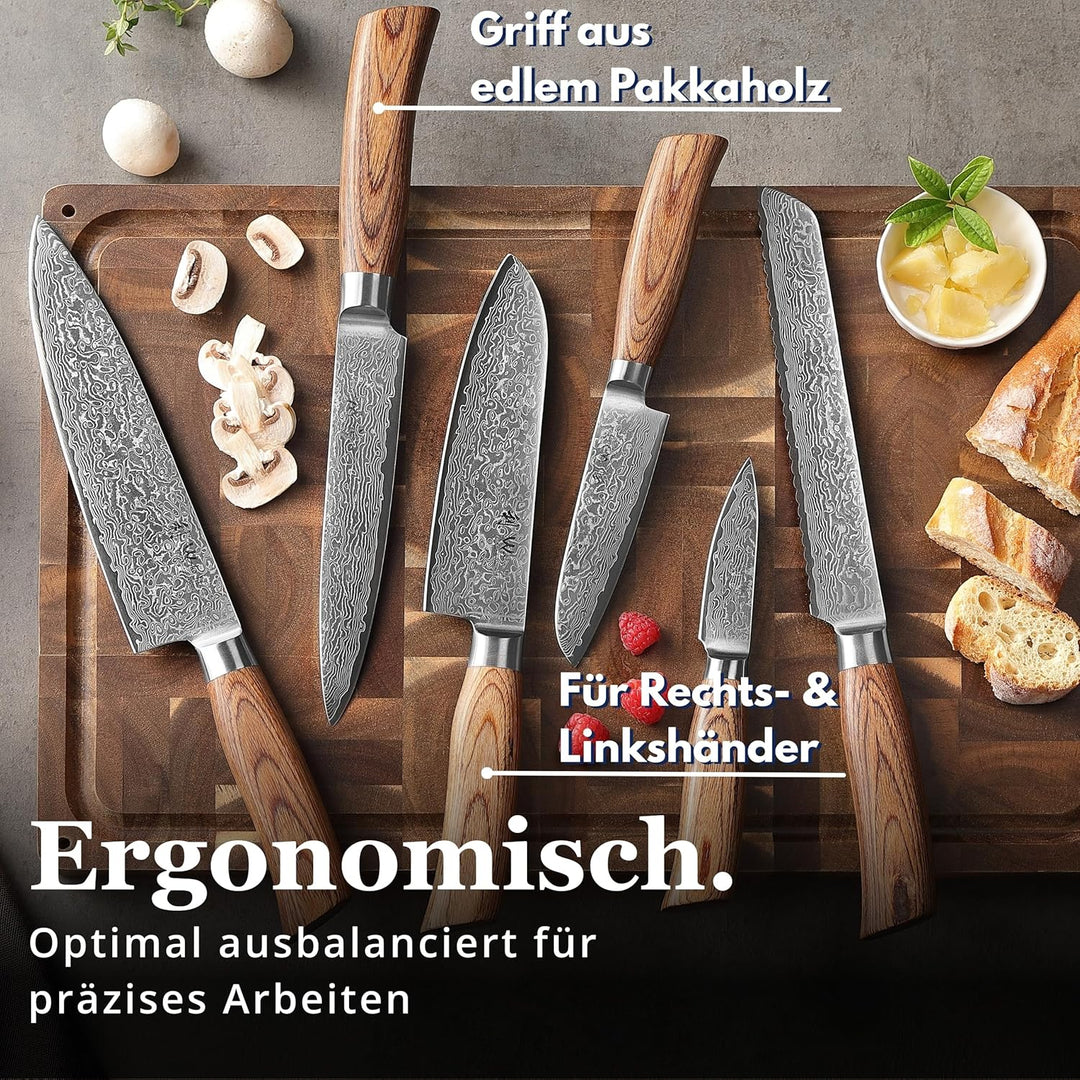 Wakoli Edib Pro 6er Damastmesser-Set mit Klingen von 8,5 - 19,70 cm Länge extrem scharf aus 67 Lagen