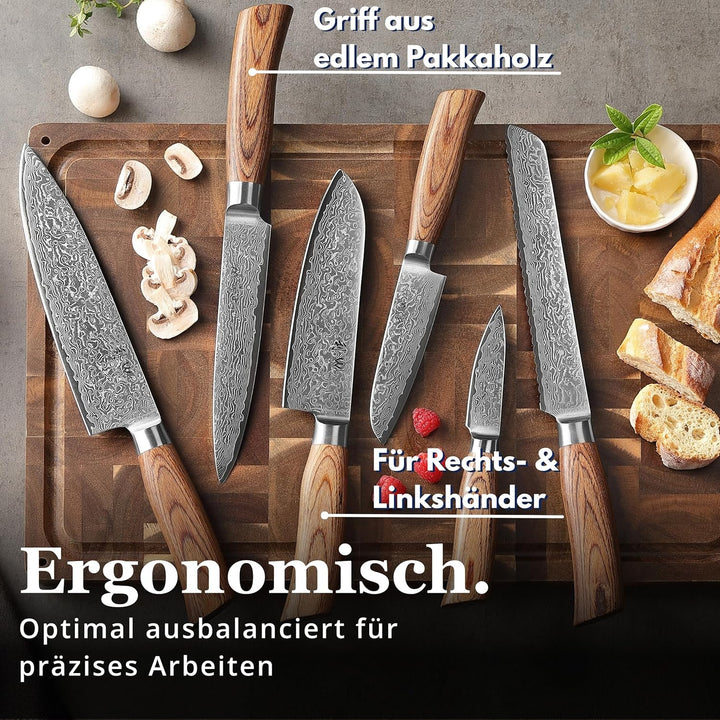 Wakoli Edib Pro 6er Damastmesser-Set mit Klingen von 8,5 - 19,70 cm Länge extrem scharf aus 67 Lagen