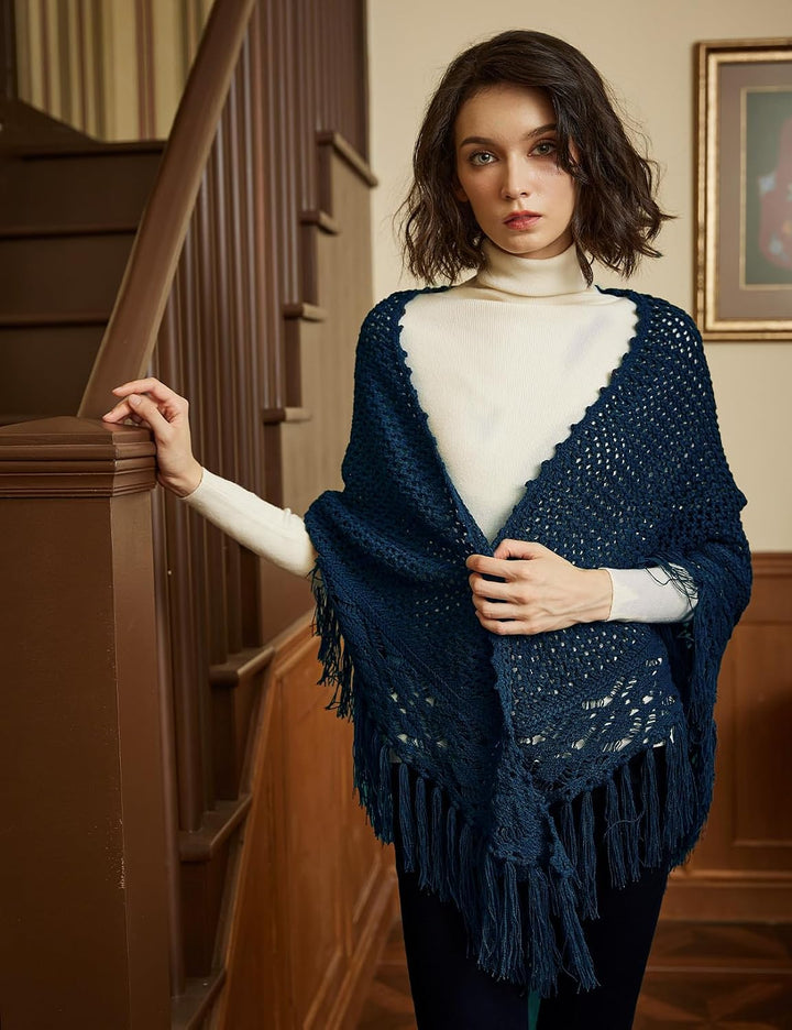 BEAUTELICATE Damen Gestricker Schal Stola Dreiecksschal Warm Hohl Stricken Cape Cardigan Elegantz Dr