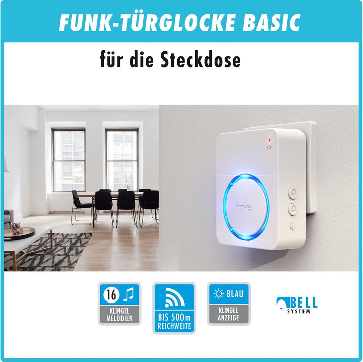 m-e Funkklingel KB-100 | mit batterielosem Sender und Empfänger | Kinetische Türklingel mit 100 Mete
