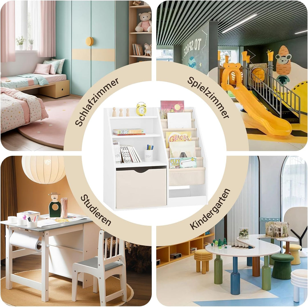 SoBuy Bücherregal Kinder Kinderregal Montessori mit Stofftaschen, 3 Regal und Vliestaschen Spielzeug