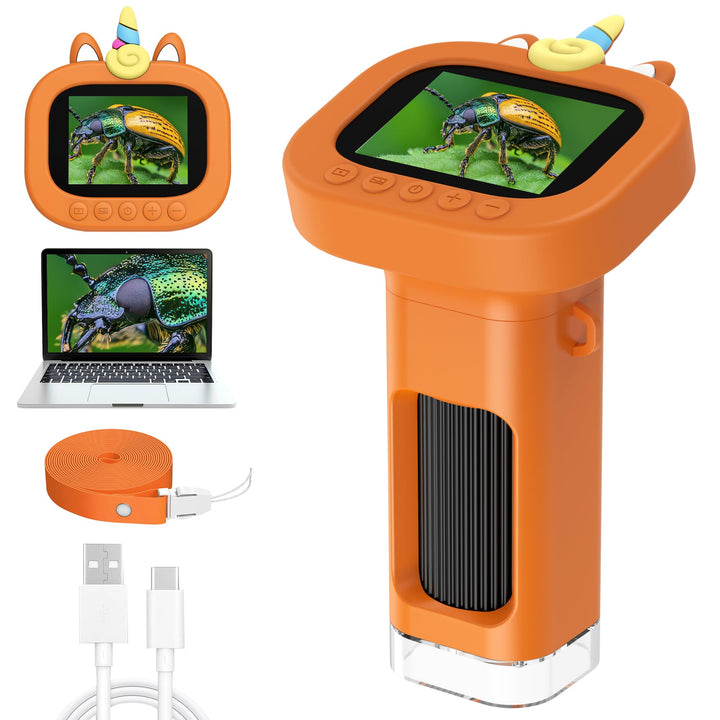 Digitales Handmikroskop für Kinder 1000X, Taschenmikroskop mit 2,4-Zoll-Farbdisplay, 9 LEDs, wiedera