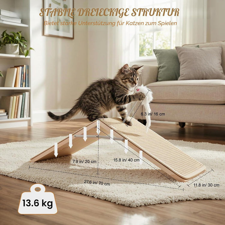 Kratzrampe für Katzen, Sisal Kratzbrett Holzrampe, Faltbares Dreieck Katzenkratzbrett mit 2 Federplü