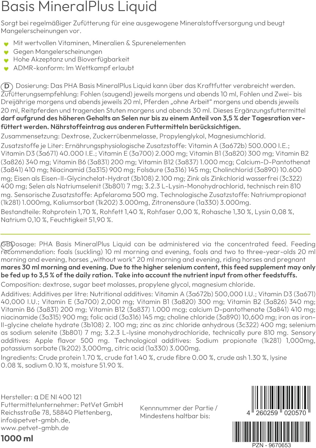 PHA Basis MineralPlus Liquid für Pferde - Multi Vitamine und Mineralstoffe für den täglichen Nährsto