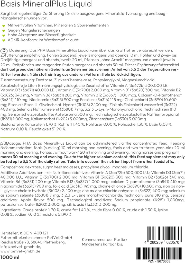 PHA Basis MineralPlus Liquid für Pferde - Multi Vitamine und Mineralstoffe für den täglichen Nährsto