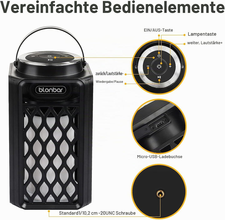 Bluetooth Lautsprecher mit Flammenlicht, IP65 Wasserdicht Outdoor Lautsprecher &amp; Taschenlampe für Te