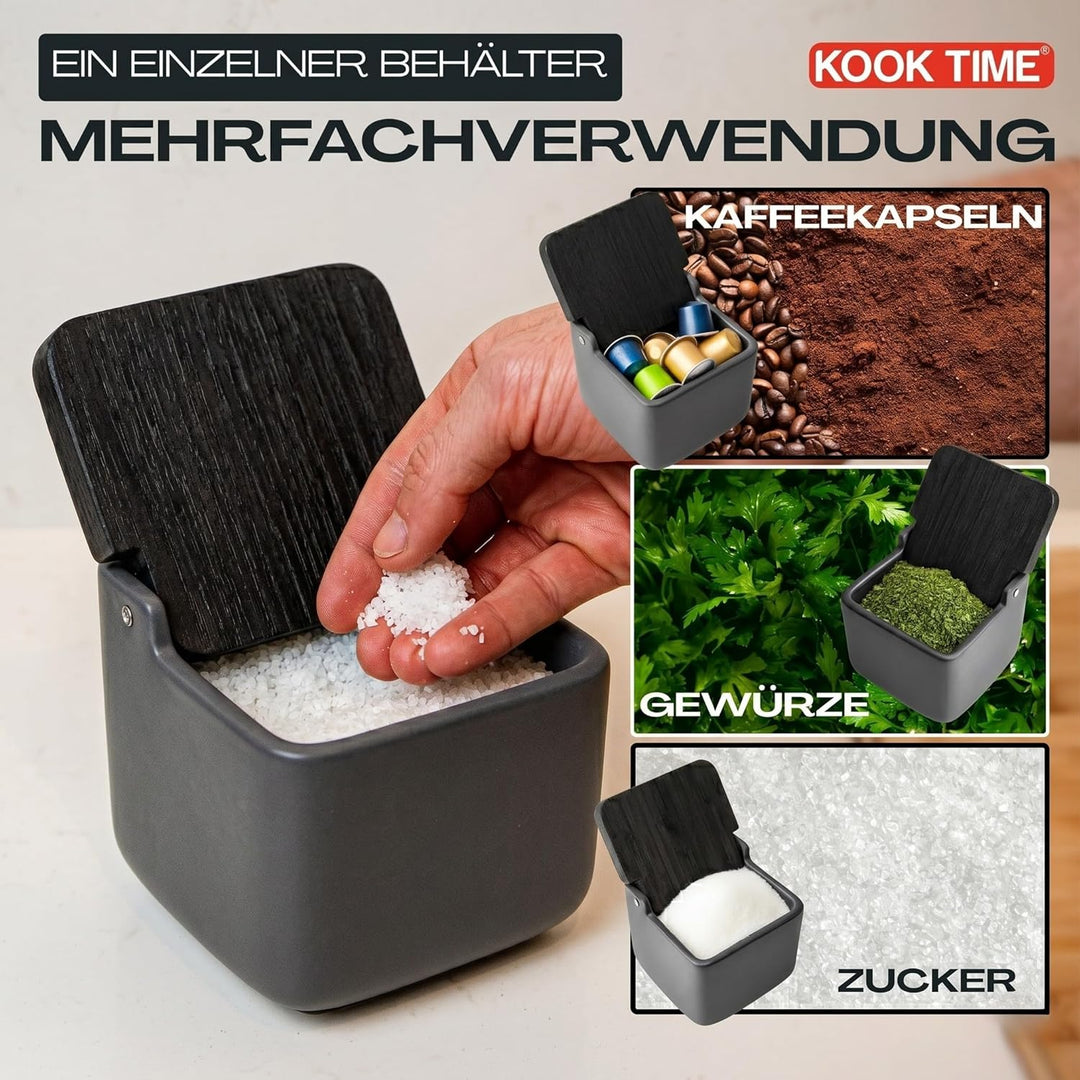 Salzdose Keramik mit Klappdeckel aus umweltfreundlichem Bambus - Praktischer Salztopf und Salzbehält