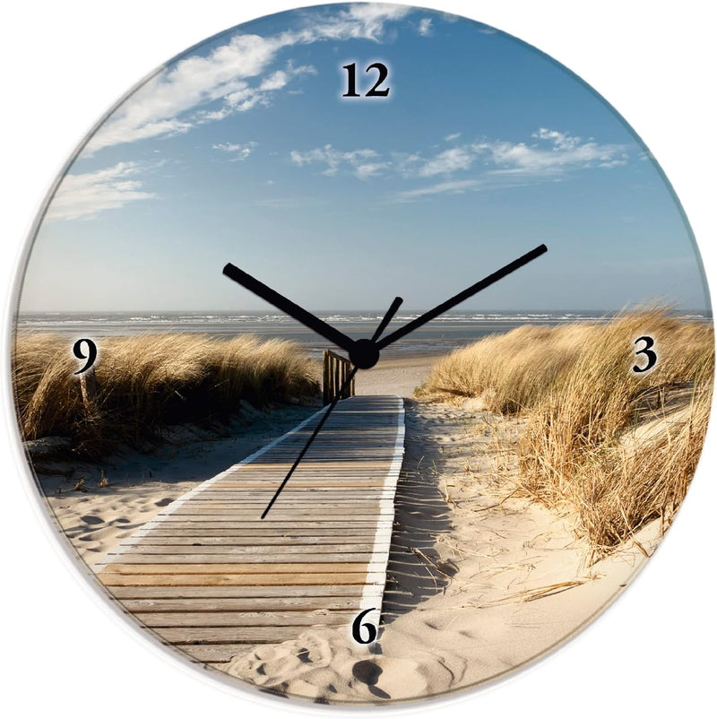 ARTLAND Wanduhr ohne Tickgeräusche Glas Funkuhr Ø 30 cm Rund Lautlos Nordseestrand Langeoog Nordsee