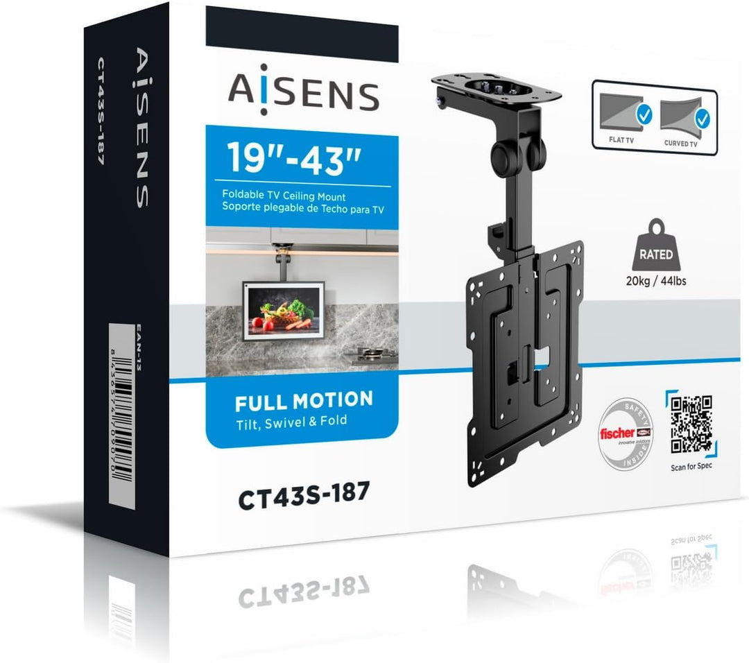 AISENS CT43S-187 Deckenhalterung, drehbar, faltbar, für Monitor/TV, 20 kg, 19-43 cm, Schwarz