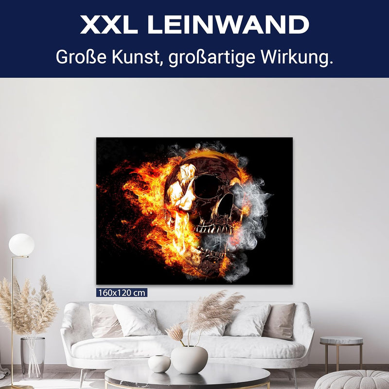 wandmotiv24 Leinwand-Bilder Totenköpfe, Grösse 100x75cm, Querformat, Totenkopf in Feuer & Flamme, Ra