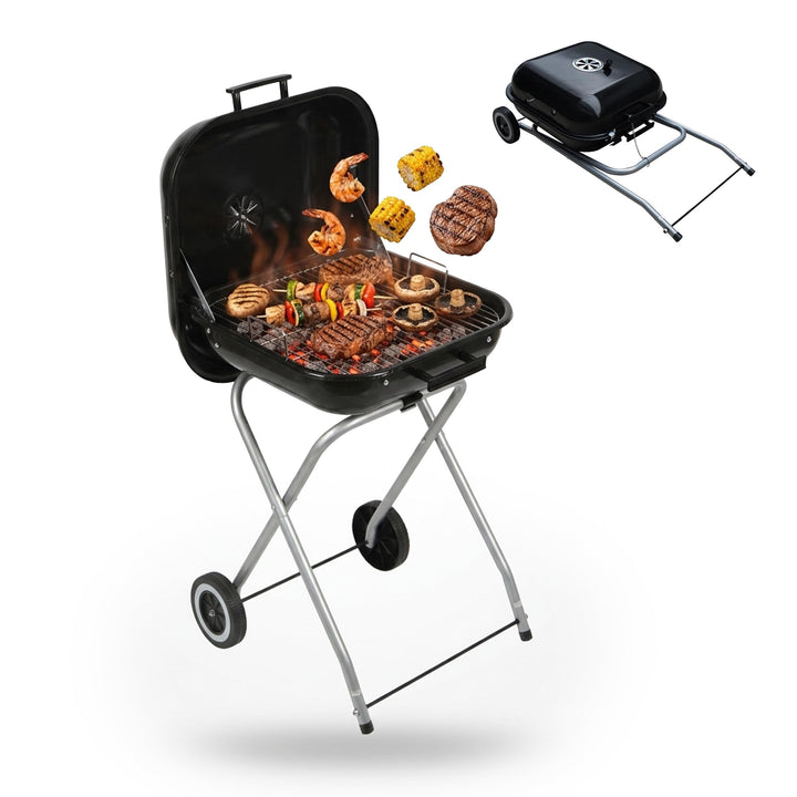 Relaxdays mobiler Holzkohlegrill mit Deckel &amp; Rollen, faltbarer Campinggrill, Balkon, Garten &amp; Park,