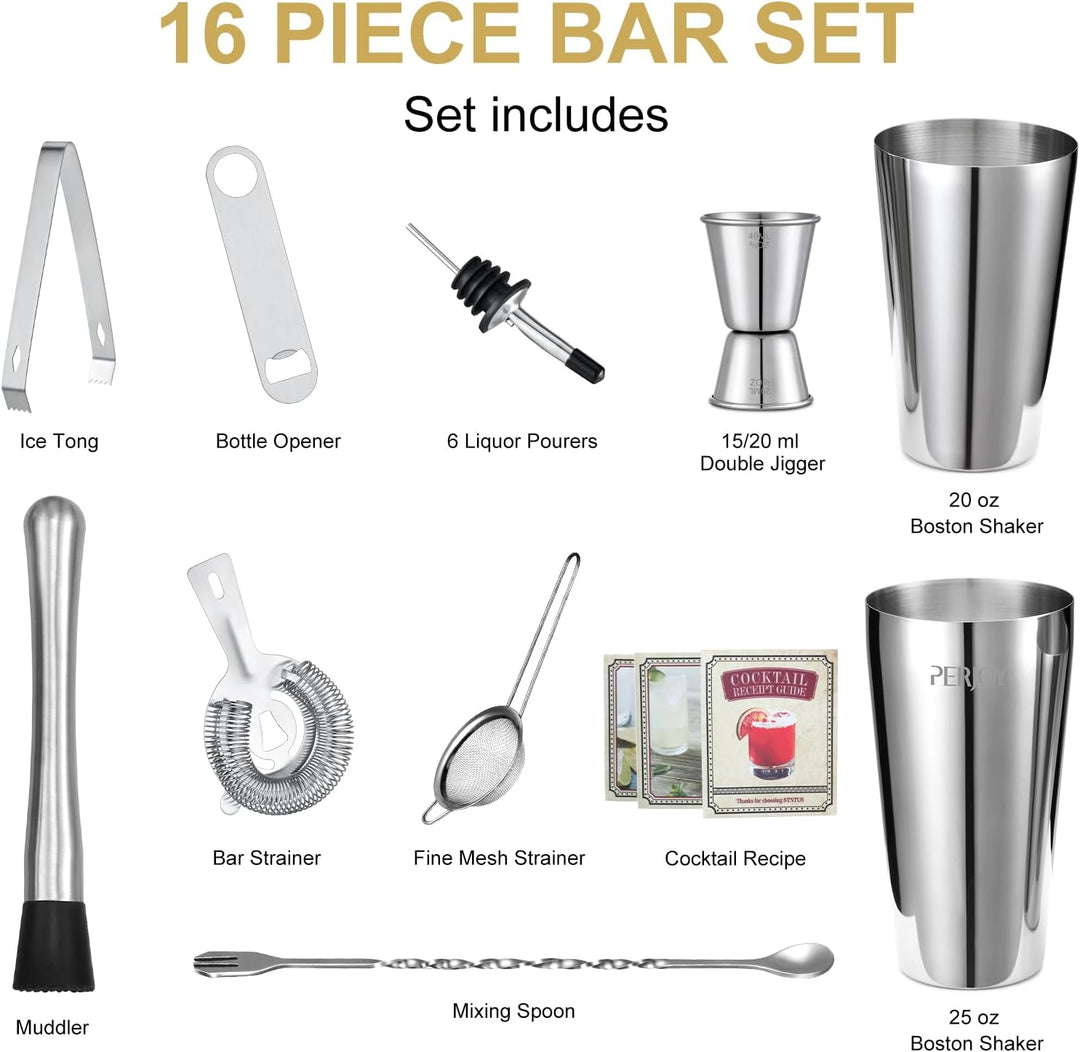 16pcs Cocktail Shaker, Coktailmixset, Cocktail Set Mit Einem Doppelten Jigger, Einer Eiszange, Cockt