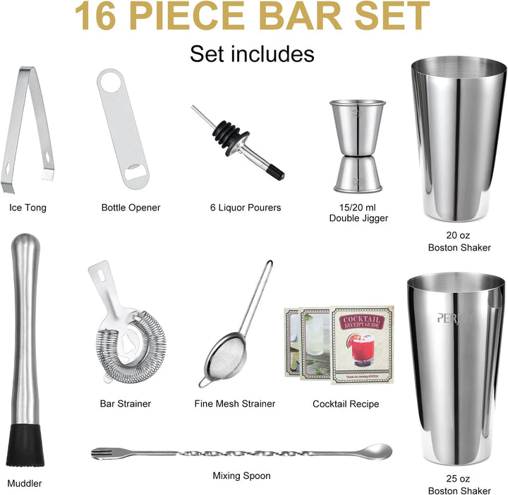 16pcs Cocktail Shaker, Coktailmixset, Cocktail Set Mit Einem Doppelten Jigger, Einer Eiszange, Cockt