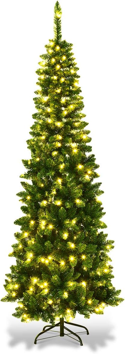 COSTWAY 135/200/225cm Bleistift Weihnachtsbaum mit warmweissen LED-Leuchten, künstlicher Tannenbaum