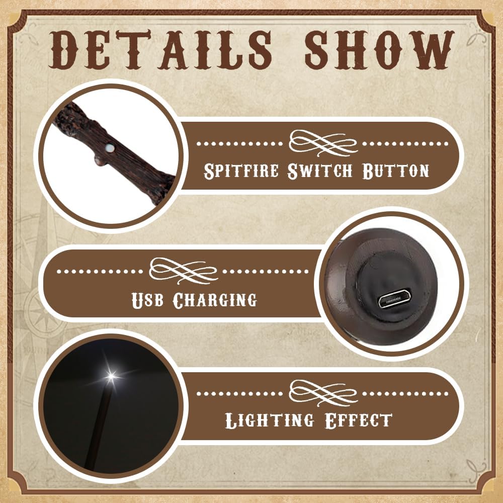 NAVESO 35CM Zauberstab mit Licht, USB Aufladung Zauberstab In Geschenkbox mit Zauberspruchkarte, Bah