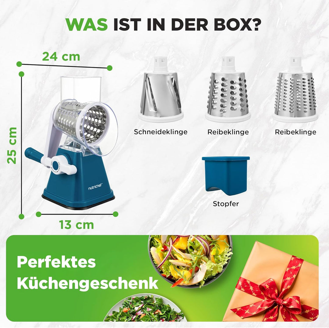 NutriChef 3-in-1 Käsereibe mit Handkurbel – Kompakte Trommelreibe für Käse & Gemüse – 3 Schneidetrom