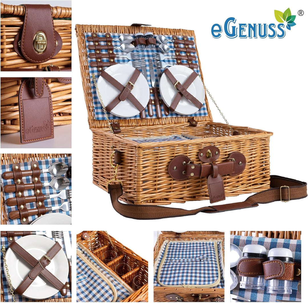 eGenuss 2er-Set handgefertigter Picknickkorb für 4 Personen mit abnehmbarem Schultergurt, Kühlfach,