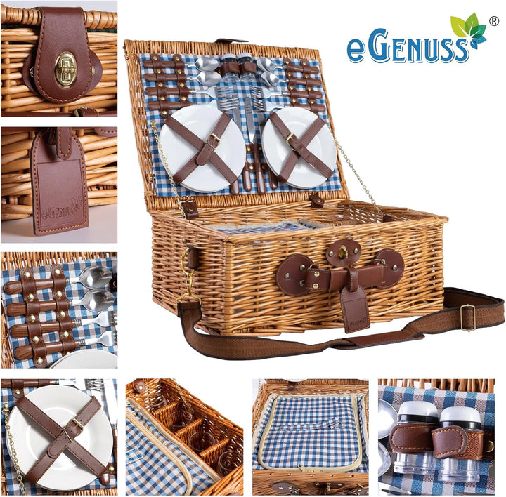 eGenuss 2er-Set handgefertigter Picknickkorb für 4 Personen mit abnehmbarem Schultergurt, Kühlfach,