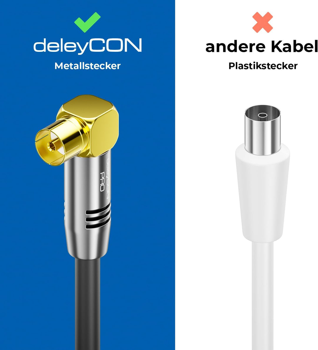 deleyCON 10m TV Antennenkabel HDTV Full HD - 2x gewinkelt - Koaxialkabel - TV-Stecker (90° Grad) zu